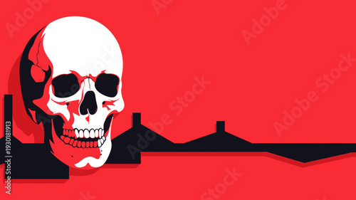 赤背景に骸骨と街並みシルエット　終末・危機のコンセプトイラスト