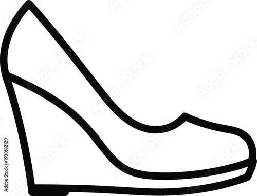 A simple black and white line drawing icon of a classic women's wedge heel shoe on a white background.
