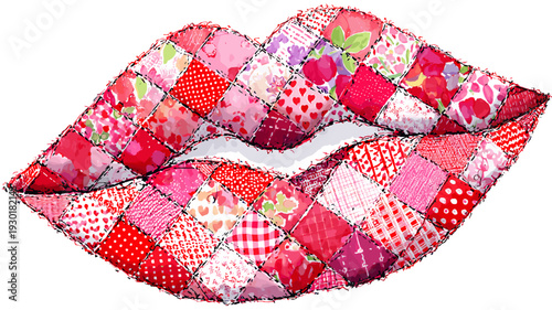 和柄パッチワークの唇　ポップでかわいいキスのイラスト
