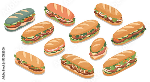 Isometric Vietnamese Banh Mi Sandwich Vector Illustration Set with Various Toppings