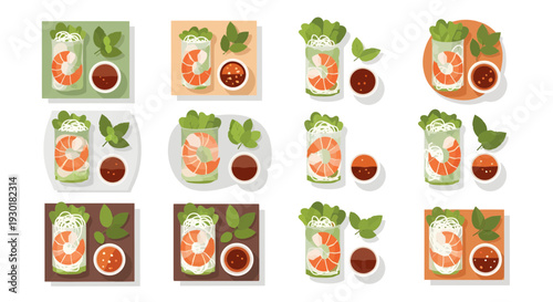 Vietnamese Spring Rolls Gỏi Cuốn Illustration Set with Shrimp, Rice Paper, Vegetables, and Dipping Sauce in Flat Vector Style