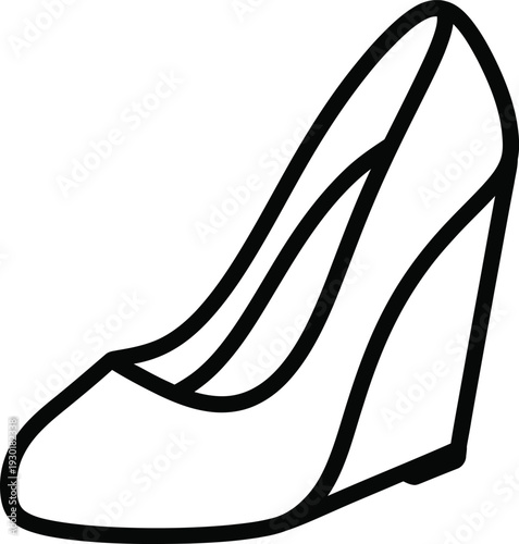 A simple black and white line drawing of a stylish women's wedge heel shoe on a white background.