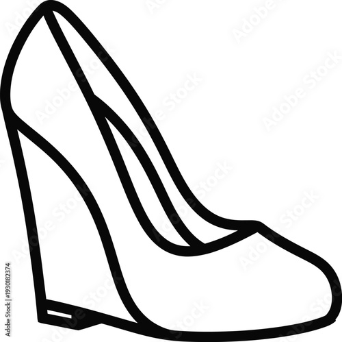 Simple black and white line drawing of a classic high wedge heel shoe for women