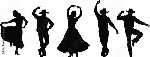 Black silhouette vector illustration of Mexican folklorico and country western dancers performing traditional dance moves in hats and long flowing dresses.