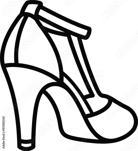 Black and white line art illustration of a classic woman's high heeled t-strap shoe.