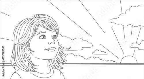 Smiling little girl looking outside window.