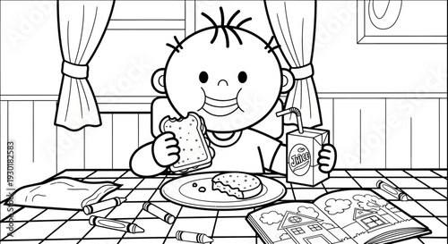 Child Eating Cereal with Milk Cartoon.