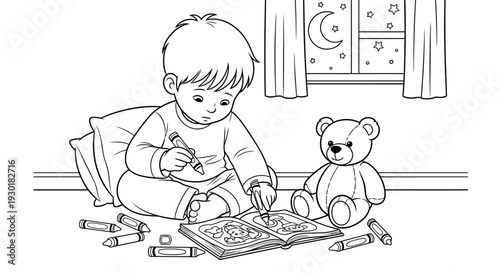 Toddler playing with coloring book.