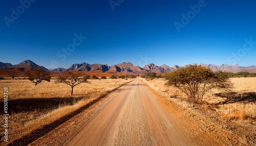 A Straight Unpaved Road Leads Toward Distant Mountain Peaks Under A Clear Blue Sky Sparse Trees Dot The Arid Landscape
