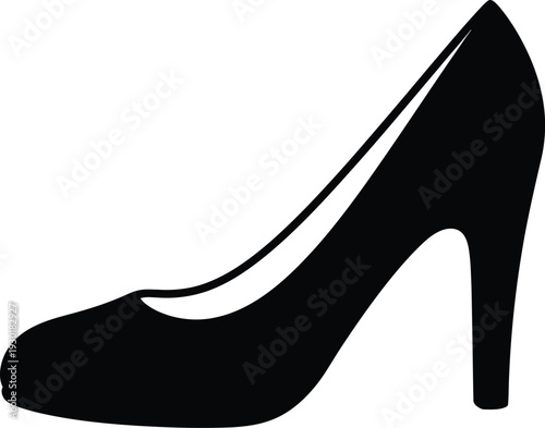 Black silhouette of a classic high-heeled pump shoe isolated on a plain white background.