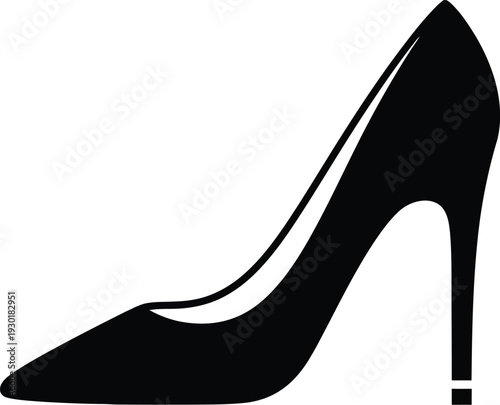 Black silhouette of a classic high-heeled pump shoe isolated on a plain white background.