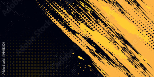 Black and yellow abstract background with brush stroke and halftone style. abstract grunge