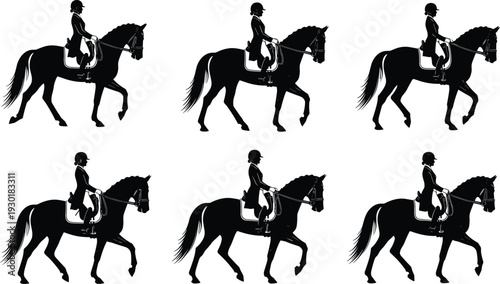Elegant Dressage Horse Silhouette Set Featuring Female Rider Performing Classical Equine Movements in Various Stages of the Collected Trot Gait