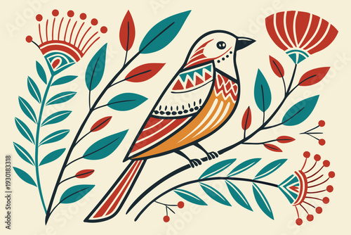 Bird perched on branch with leaves and flowers