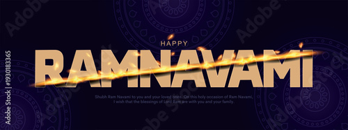Happy Ram Navami Typography with Fiery Bow Stroke on Royal Blue Background, vector illustration design.