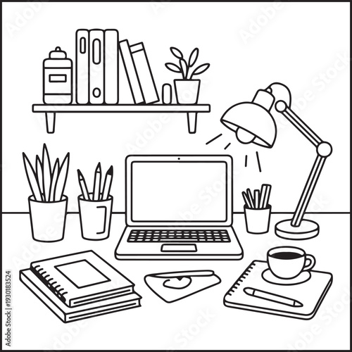 Home Office Desk Coloring Page with Laptop Notebook Coffee, Work From Home Setup Line Art, Kids and Adult Coloring Sheet Printable Vector Illustration