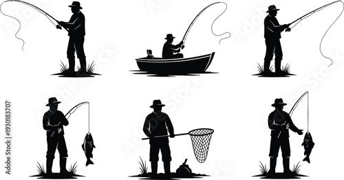Fisherman silhouette set with men fishing in boat and standing with rod net and big fish for outdoor adventure design