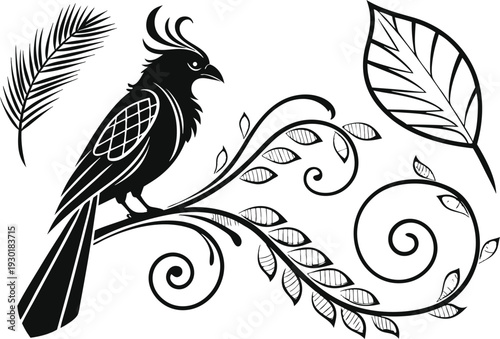 Black bird perched on curly branch with leaves