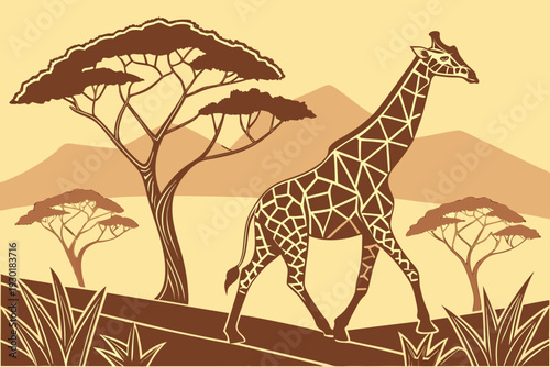 Brown giraffe walking on savannah with trees and mountains acacia