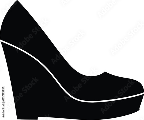 Black silhouette of a woman's wedge heel shoe isolated on white background