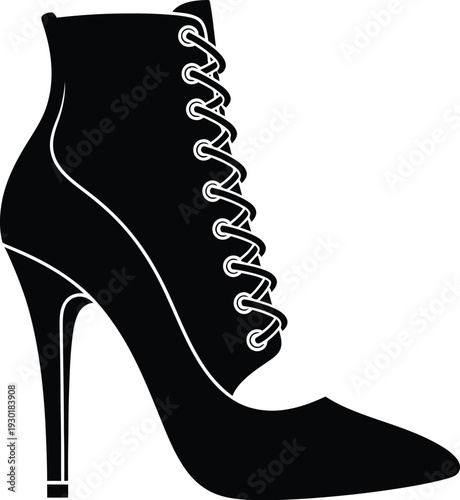 Black silhouette of a stylish lace up high heel ankle boot for women on white background