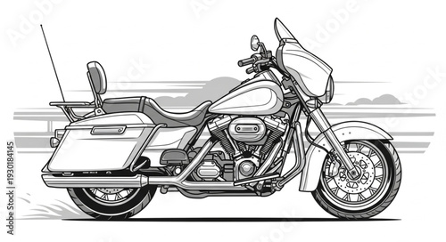 Detailed sketch of a classic touring motorcycle with saddlebags.