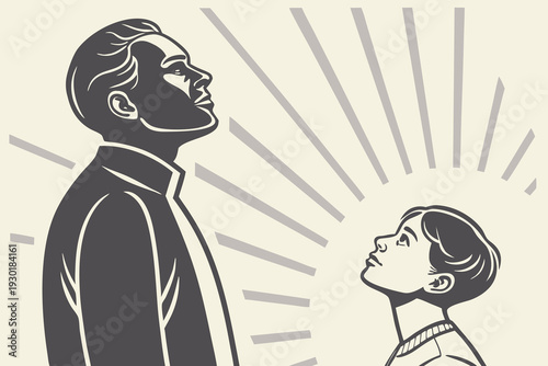 Gray silhouette of man and boy looking up at sun rays