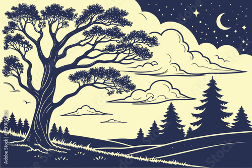 Large tree on a hill with coniferous trees at night