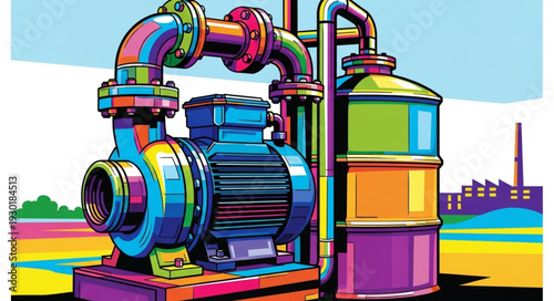 Colorful industrial pump and storage tank illustration.