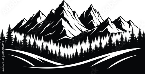 Flavector, Majestic, Mountain, Peak, Silhouette, With, Pine, Tree, Forest, And, River, For, Nature, Outdoor, Adventure, Camping, Wilderness, Travel, Landscape, Vector, Illustration.