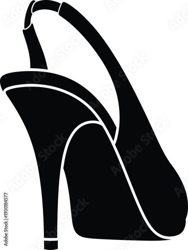 Black silhouette of a woman's high-heeled slingback shoe isolated on a white background.