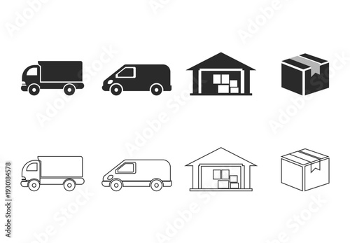 Delivery and Shipping Logistics Icon Set, Truck, Cargo Van, Warehouse and Package Box, Solid and Outline Vector Collection