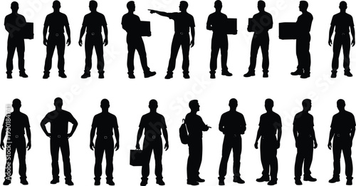 Flavector, Professional, Business, Men, Silhouettes, Set, Of, People, Standing, In, Various, Poses, Including, Delivery, Workers, Carrying, Boxes, Pointing, And, Holding, Briefcases.