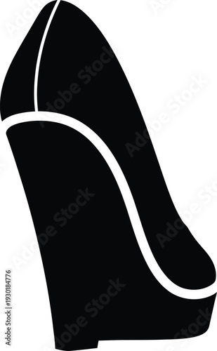 Black silhouette of a stylish women's wedge heel shoe icon isolated on a white background.