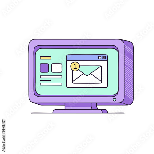 flat vector illustration of computer monitor with email notification icon and unread message alert on screen