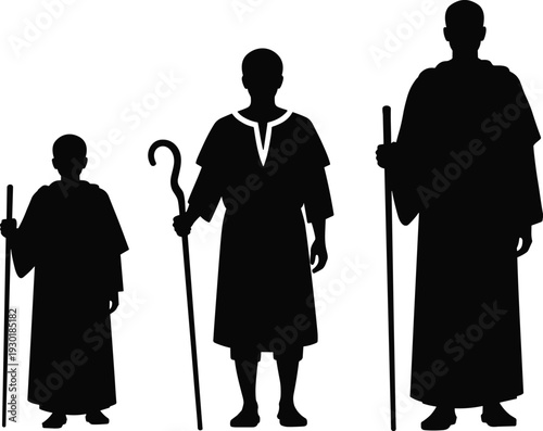 Flavector, Three, Shepherds, Silhouettes, Standing, Holding, Staffs, And, Crooks, In, Traditional, Robes, For, Christmas, Nativity, Biblical, Scenes, Religious, History, Illustration.