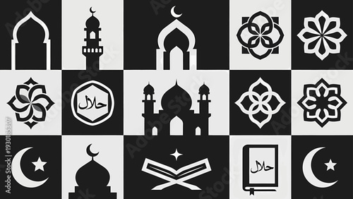 Collection of Islamic symbols and icons in monochrome illustrations showcasing cultural heritage and religious significance