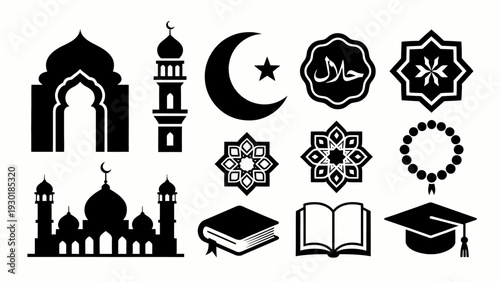 Collection of monochrome Islamic symbols and icons representing faith and culture in a bold vector illustration