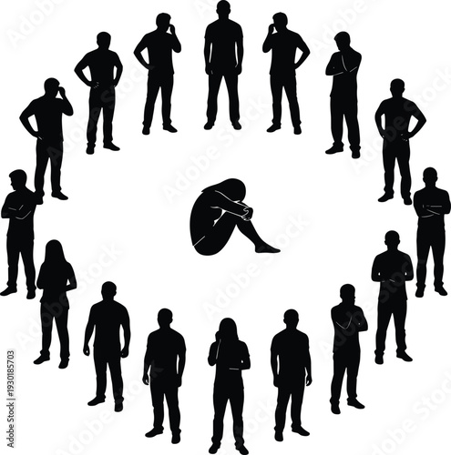 Sad lonely woman silhouette sitting on floor in circle of people ignoring her for mental health awareness and social isolation