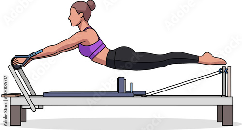 Woman doing Pilates on reformer machine with arms extended