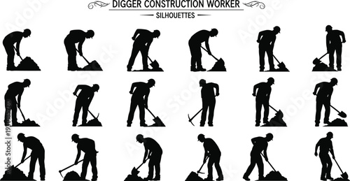Set of black silhouettes of construction workers digging with shovels and pickaxes for manual labor ground works site preparation and industrial building projects