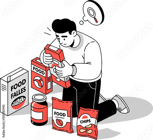 Confused shopper examining food products making a decision