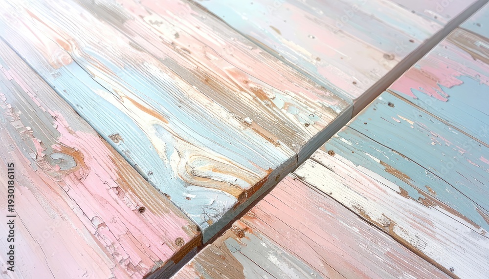 Fototapeta premium Close-up of weathered wooden planks with peeling pastel paint in pink, blue, and white.
