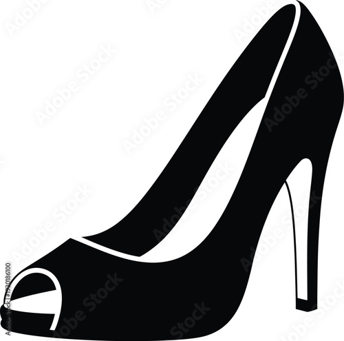Black and white silhouette of a classic high-heeled peep-toe pump shoe for women.