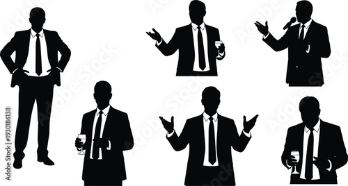 PSet of six professional businessman silhouettes in suits presenting and holding drinks for corporate events and networking vector design.nt