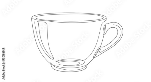 Minimalist single line drawing of a transparent glass teacup, simple outline, isolated on white background