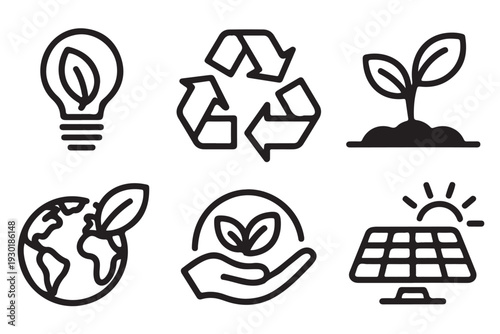 Ecological sustainability icons set featuring recycling symbols green energy solar panels and plant growth for environmental protection