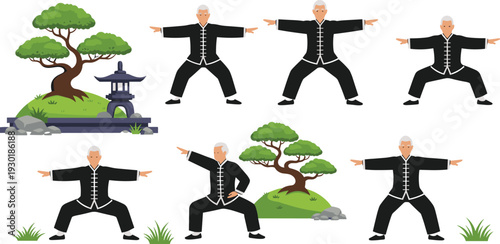 Senior Man Practicing Tai Chi Martial Arts Exercises In Traditional Black Uniform With Bonsai Tree Garden Vector Illustration Graphic Design