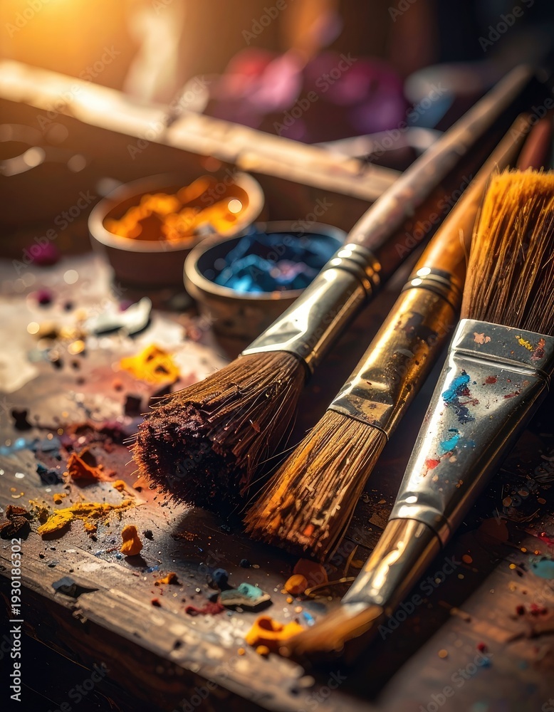 Fototapeta premium Close-up of well-used paintbrushes and scattered pigments under warm light