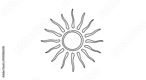 Minimalist sun drawing, simple line art of a radiant celestial body with wavy rays on a white background.